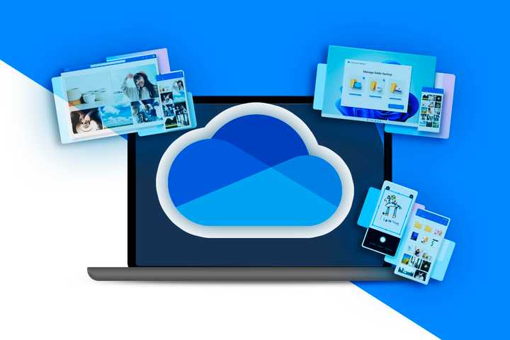 Laptop with the OneDrive logo on the screen and some of its functionalities illustrated around it.
