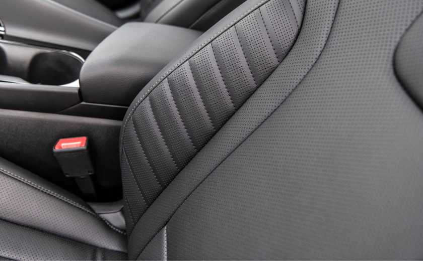 Close-up shot of the black leather seat in a 2025 Hyundai Elantra.