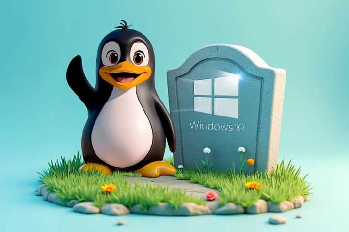 Linux mascot waving next to a tombstone with the Windows 10 logo.