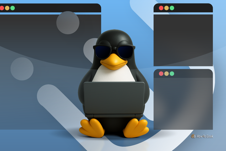 Linux mascot wearing sunglasses and using a laptop, surrounded by floating windows with the i3 Window Manager logo in the background.