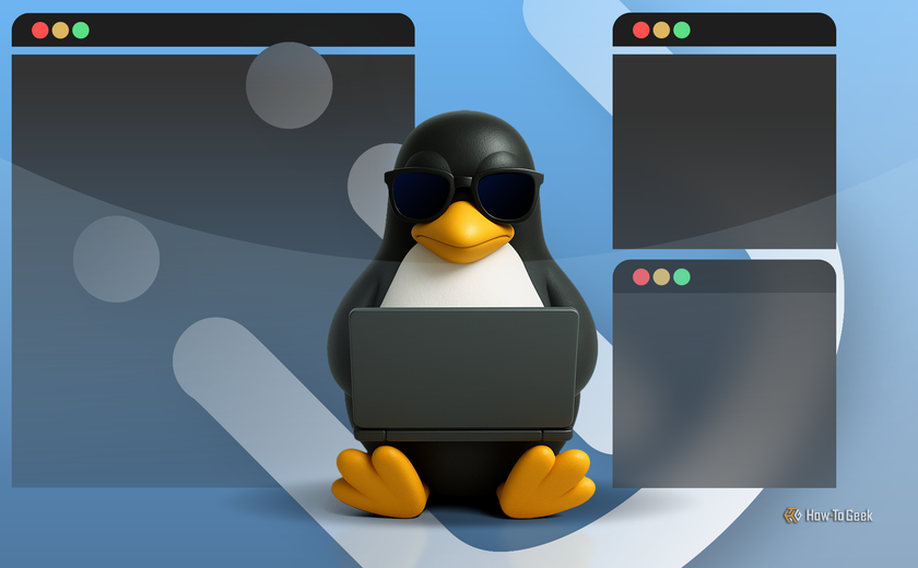 Linux mascot wearing sunglasses and using a laptop, surrounded by floating windows with the i3 Window Manager logo in the background.