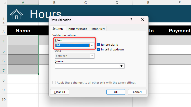 List is selected in the Allow field of Excel's Data Validation dialog box.