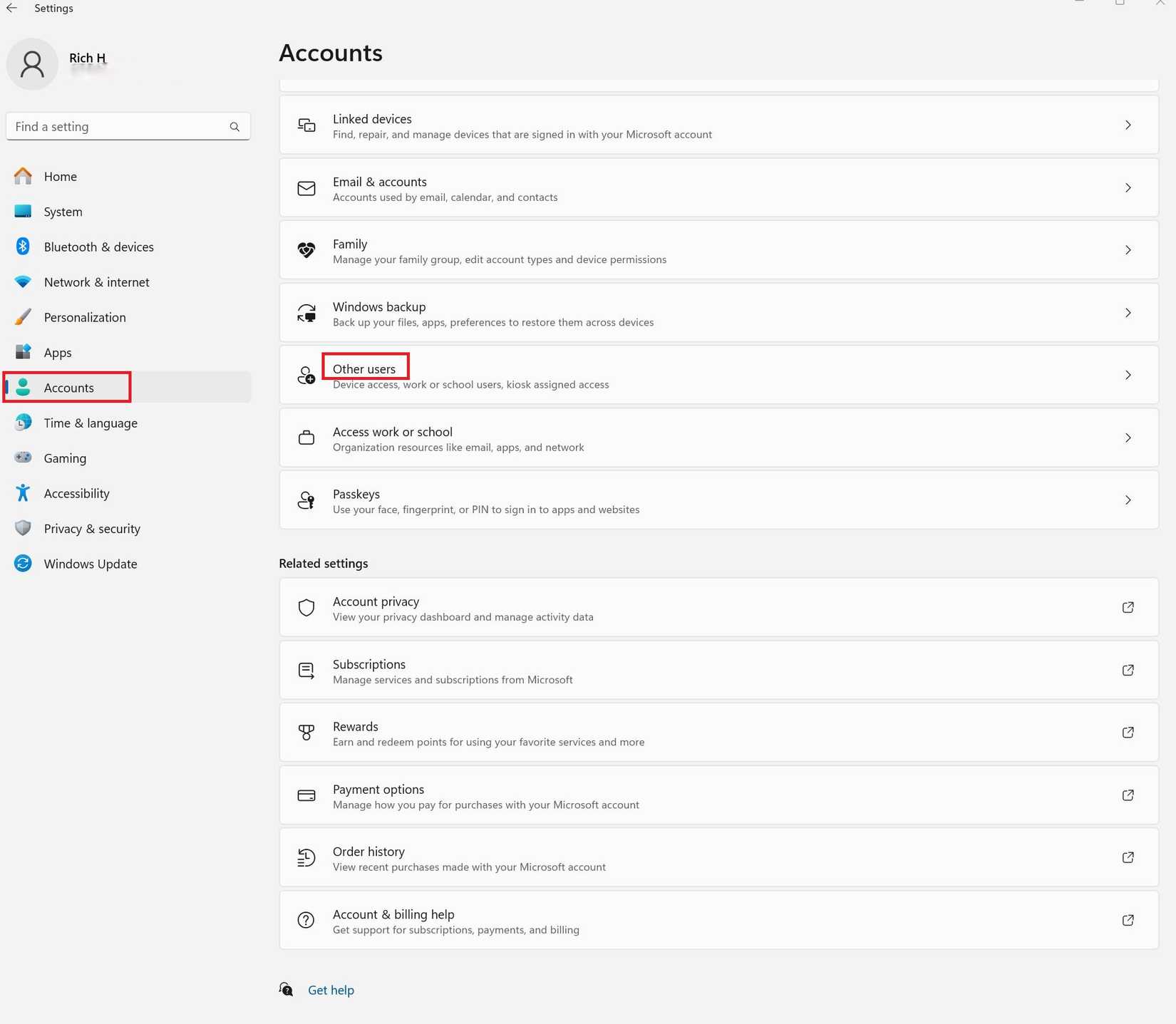 A screenshot of Windows 11 privacy settings where you can create a new account.