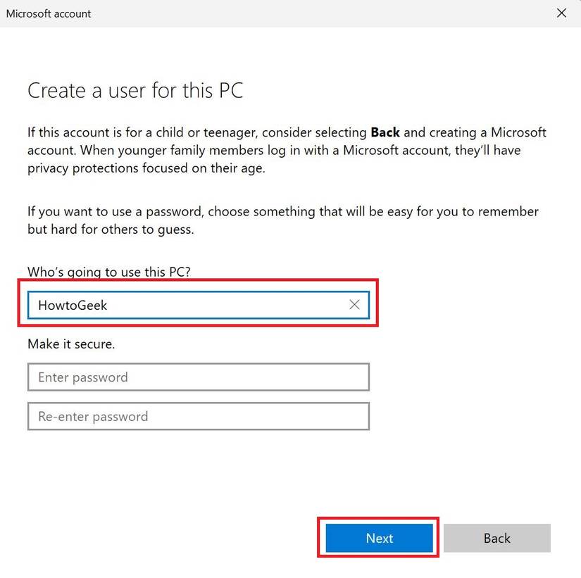 The Create a user for this PC dialog box in Windows 11