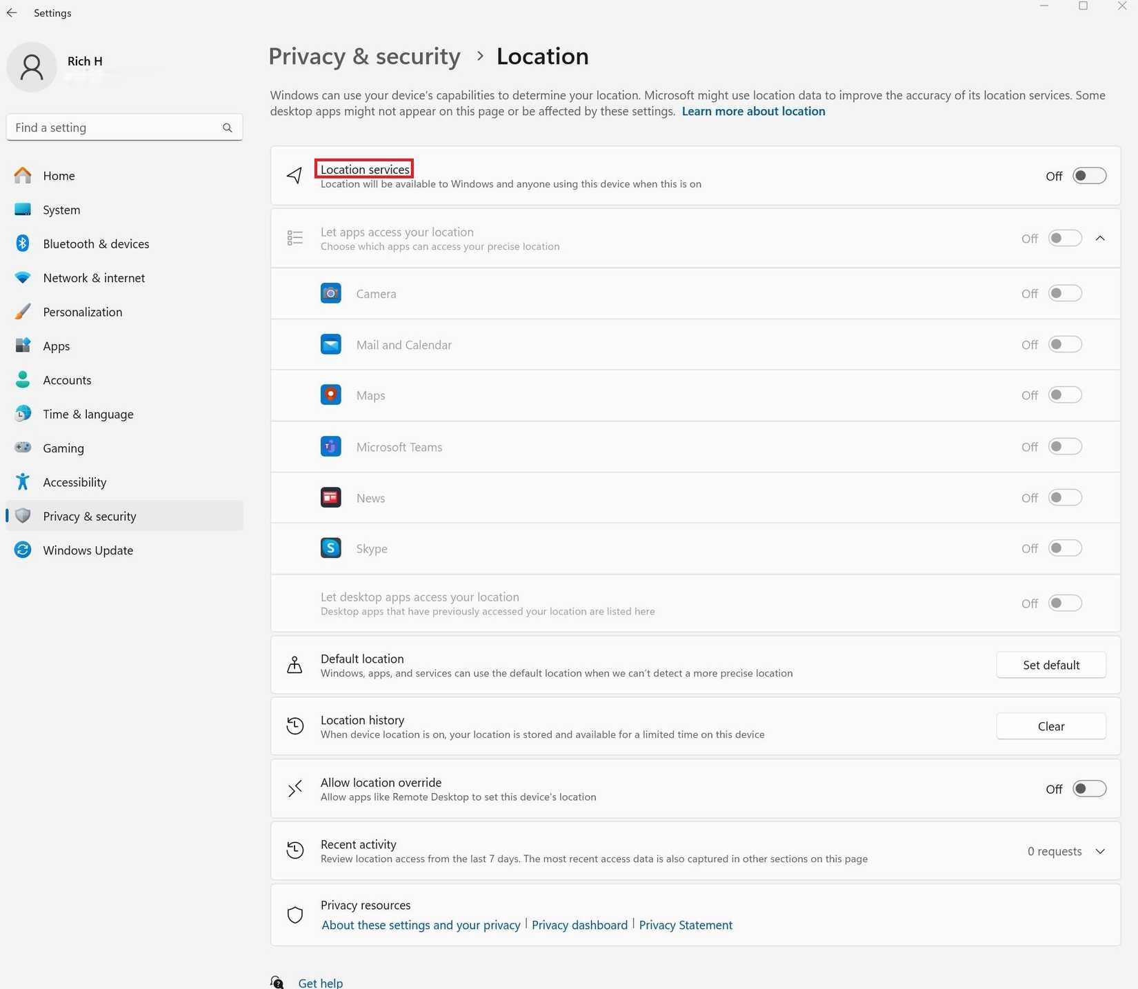 The Privacy & Security screen in Windows 11 that covers location data