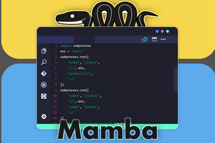 Illustration of a code editor showing a Python script using the Mamba package manager, with the Mamba snake logo prominently displayed behind.
