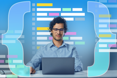 Man working on a laptop with large curly braces on each side and colorful lines of code in the background.