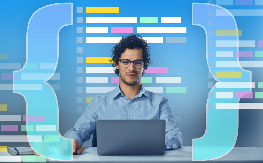 Man working on a laptop with large curly braces on each side and colorful lines of code in the background.