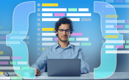 Man working on a laptop with large curly braces on each side and colorful lines of code in the background.