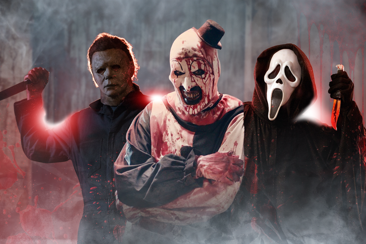 Michael Myers, Art the Clown, and Ghostface, standing together in a dark, foggy scene with red blood effects in the background.