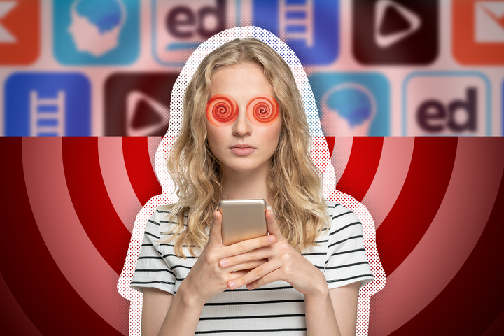 Woman with hypnotic spiral eyes staring at her smartphone, set against a background of red concentric circles and blurred educational app icons.