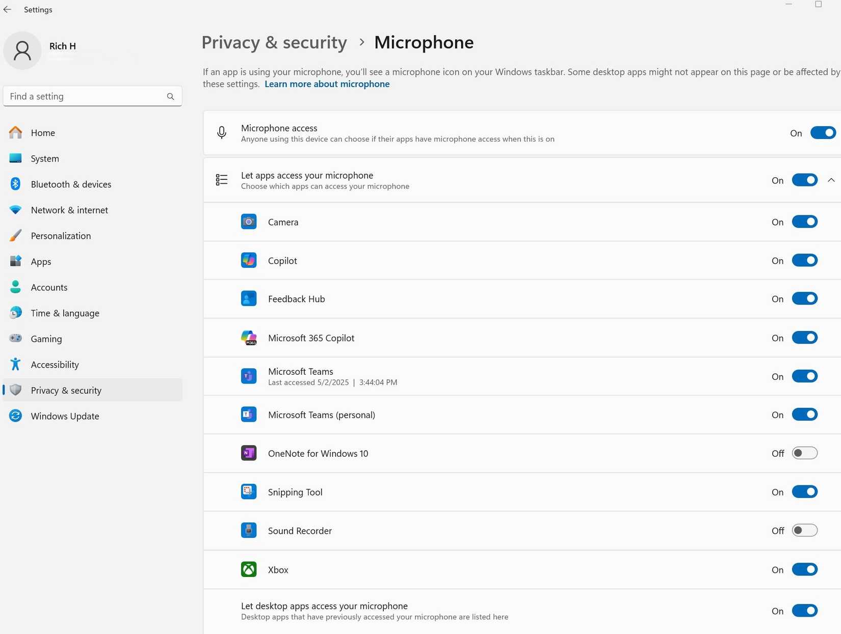 The microphone permissions page inside Windows 11.
