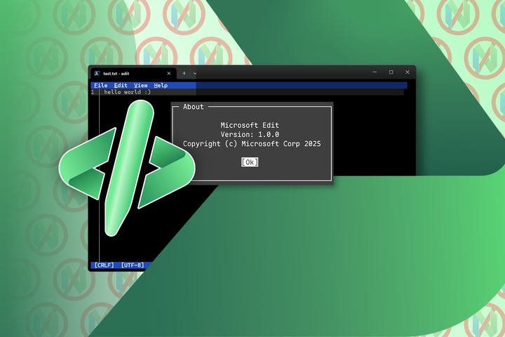 Microsoft Edit logo next to a terminal, with several crossed-out Neovim logos in the background.