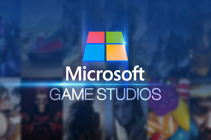 Microsoft logo centered with 'Game Studios' written below on a dark blue background, with a blurred collage of various game characters and scenes behind it.