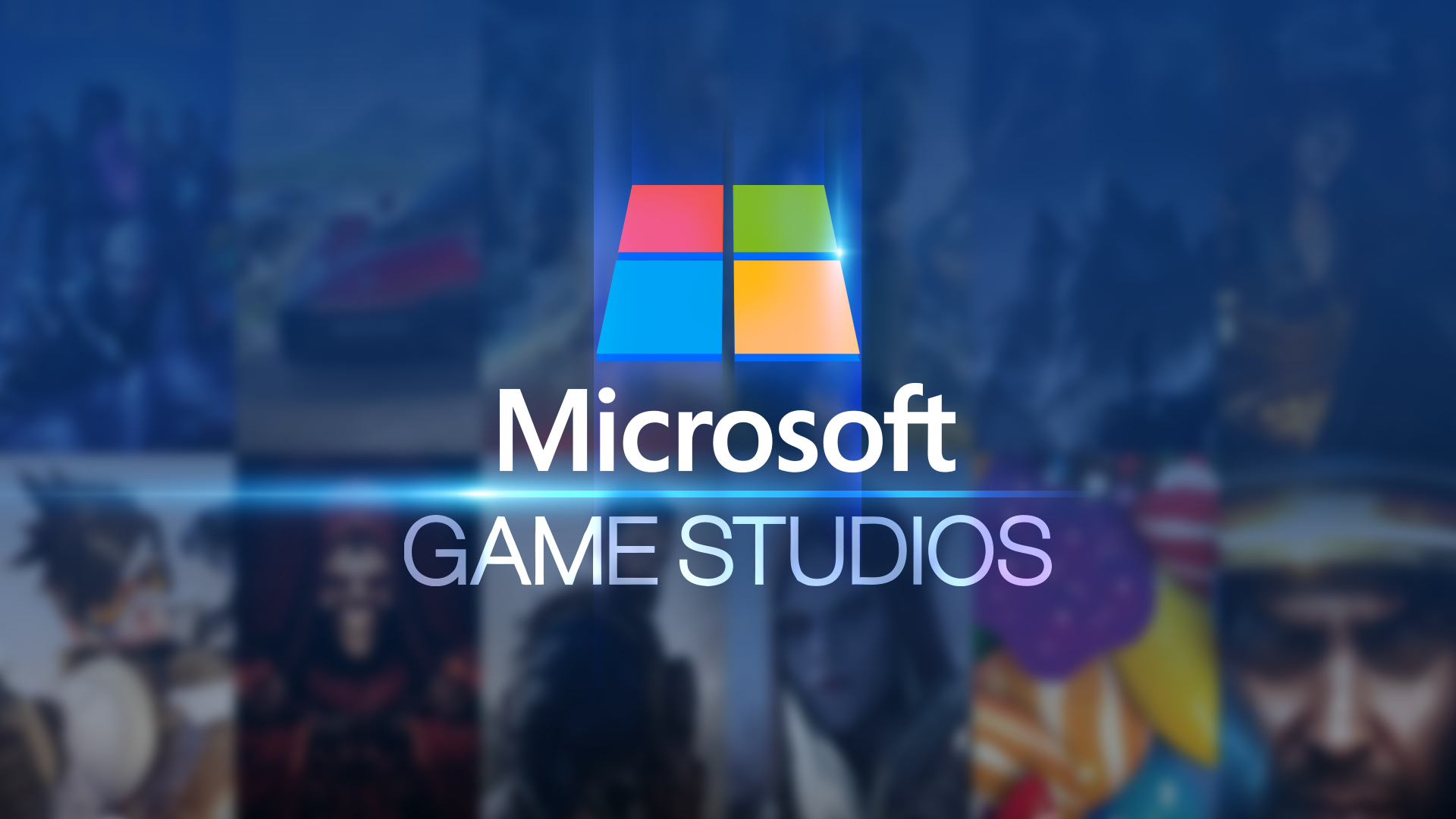 Microsoft logo centered with 'Game Studios' written below on a dark blue background, with a blurred collage of various game characters and scenes behind it.