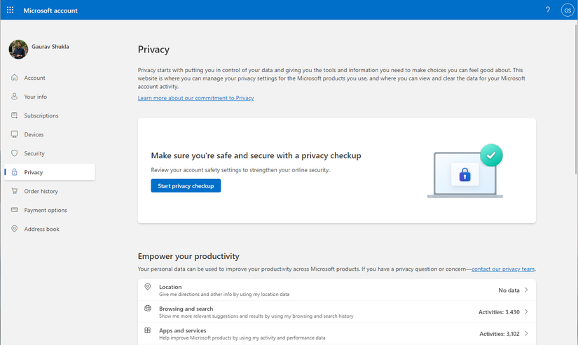 A screenshot showing Microsoft Privacy Dashboard.