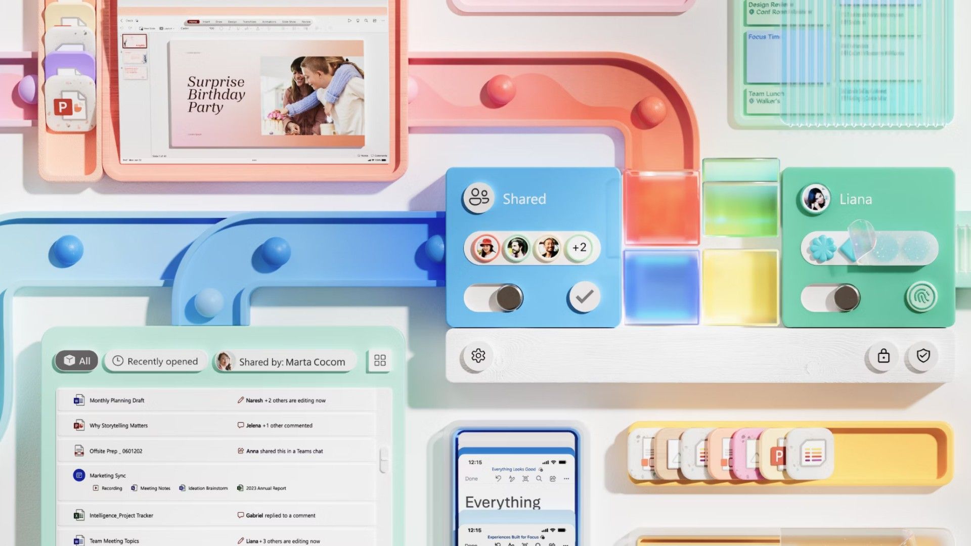 An illustration showing various Microsoft products and services. 