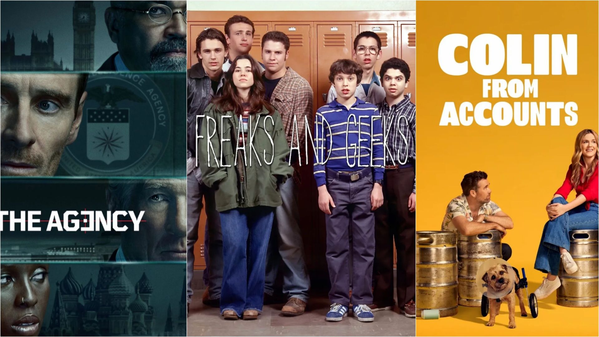 Image collage of show posters from The Agency, Freaks and Geeks, and Colin from Accounts on Paramount+.