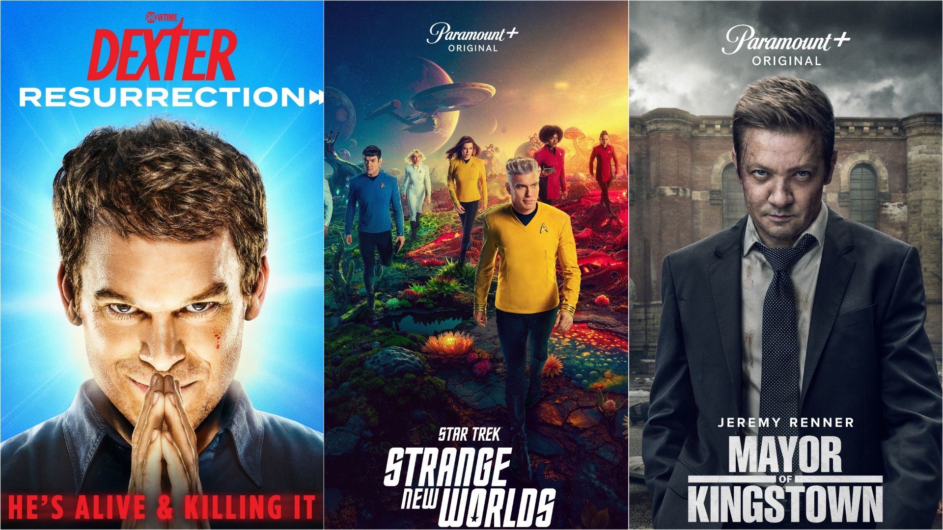 A collage of poster art, including Dexter: Resurrection, Star Trek: Strange New Worlds, and Mayor of Kingstown.