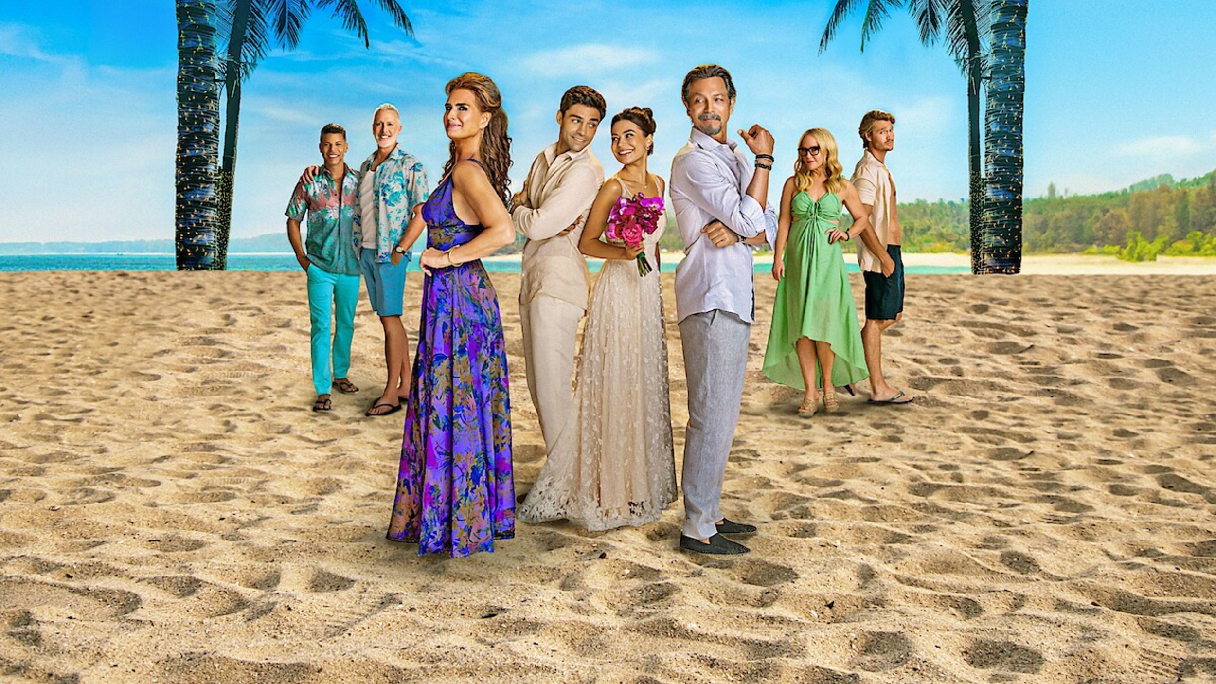 Mother of the Bride Cast Standing on a Beach.