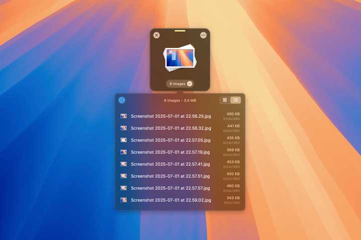 A Dropover shelf on a Mac desktop showing a list of all the files it contains.