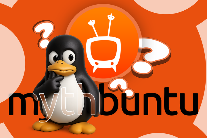 Mythbuntu logo with the Linux mascot next to it, with a confused expression and some question marks around.