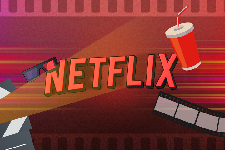 Netflix logo with a clapperboard, 3D glasses and a movie film around it.