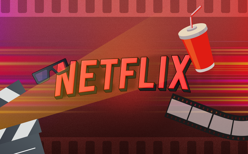 Netflix logo with a clapperboard, 3D glasses and a movie film around it.