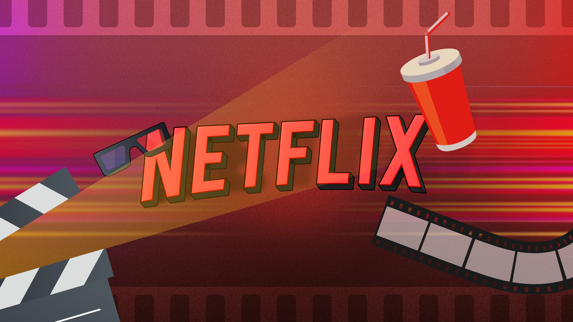 Netflix logo with a clapperboard, 3D glasses and a movie film around it.