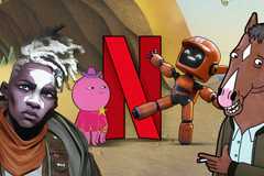 Netflix logo with some animated series characters around it.
