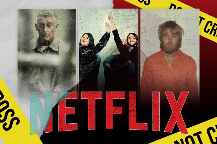 Netflix logo with three crime documentary photos above it and yellow 'do not cross' crime scene tape layered in the background.