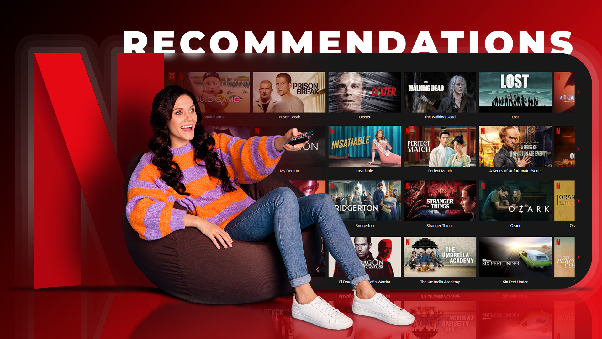 A happy woman sitting on a bean bag, holding a remote control, with several Netflix recommendations in the background.