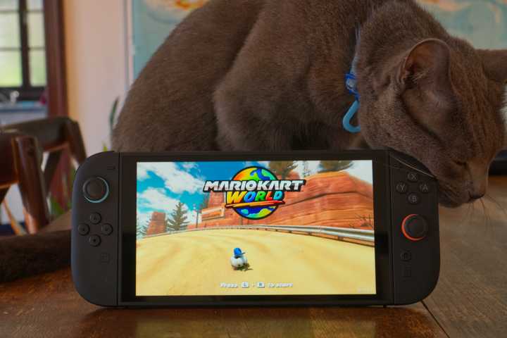 Nintendo Switch 2 with Roger the cat.
