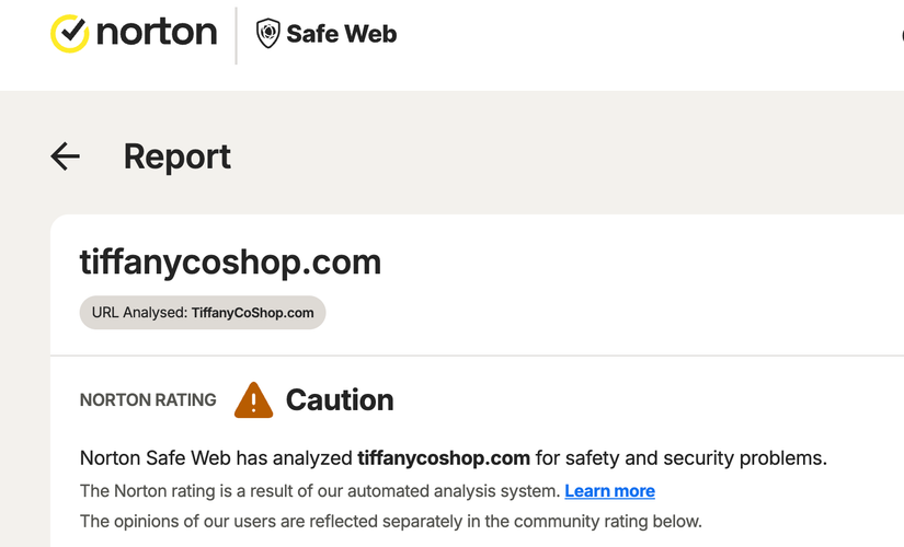 norton safe web report on a possible scam website.