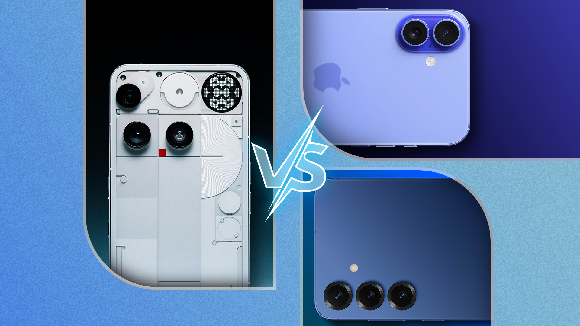 Comparison image featuring the Nothing Phone 3 on the left, the iPhone 16 on the top right, and the Galaxy S25 on the bottom right, with a 'VS' symbol in the center.