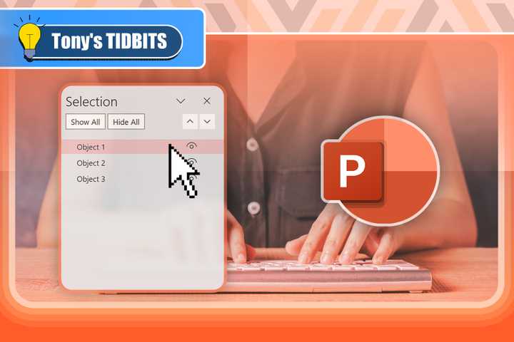 Objects list in PowerPoint with the PowerPoint logo beside it and a person typing on the keyboard in the background.