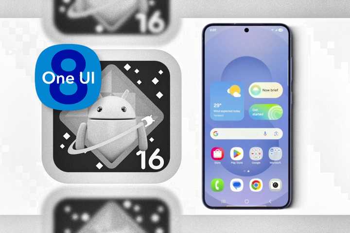 One UI 8 logo on top of Android 16 logo next to a Samsung phone