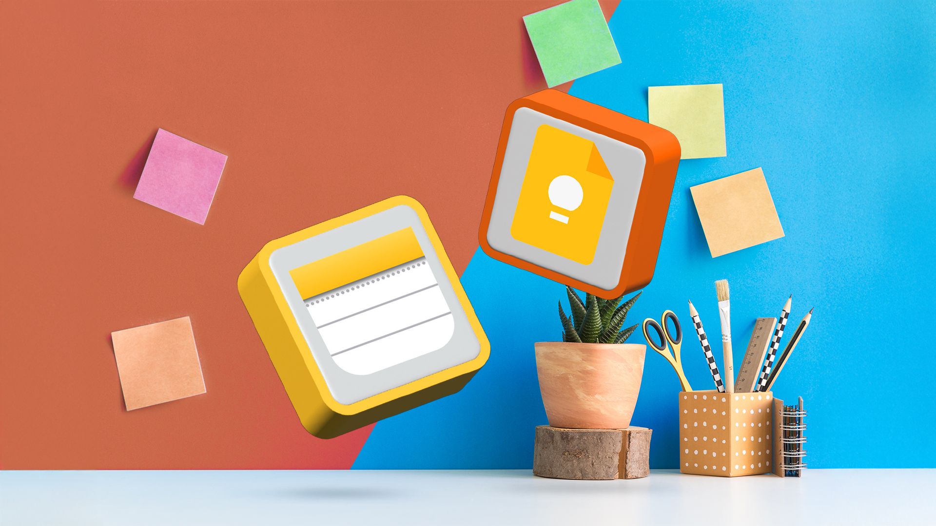 Apple Notes logo next to the Google Keep logo with some notes in the background.