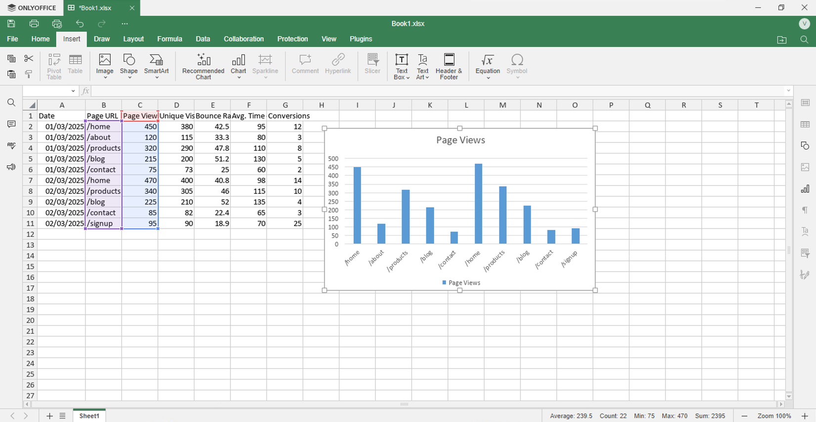 OnlyOffice Spreadsheet Editor displaying example data.