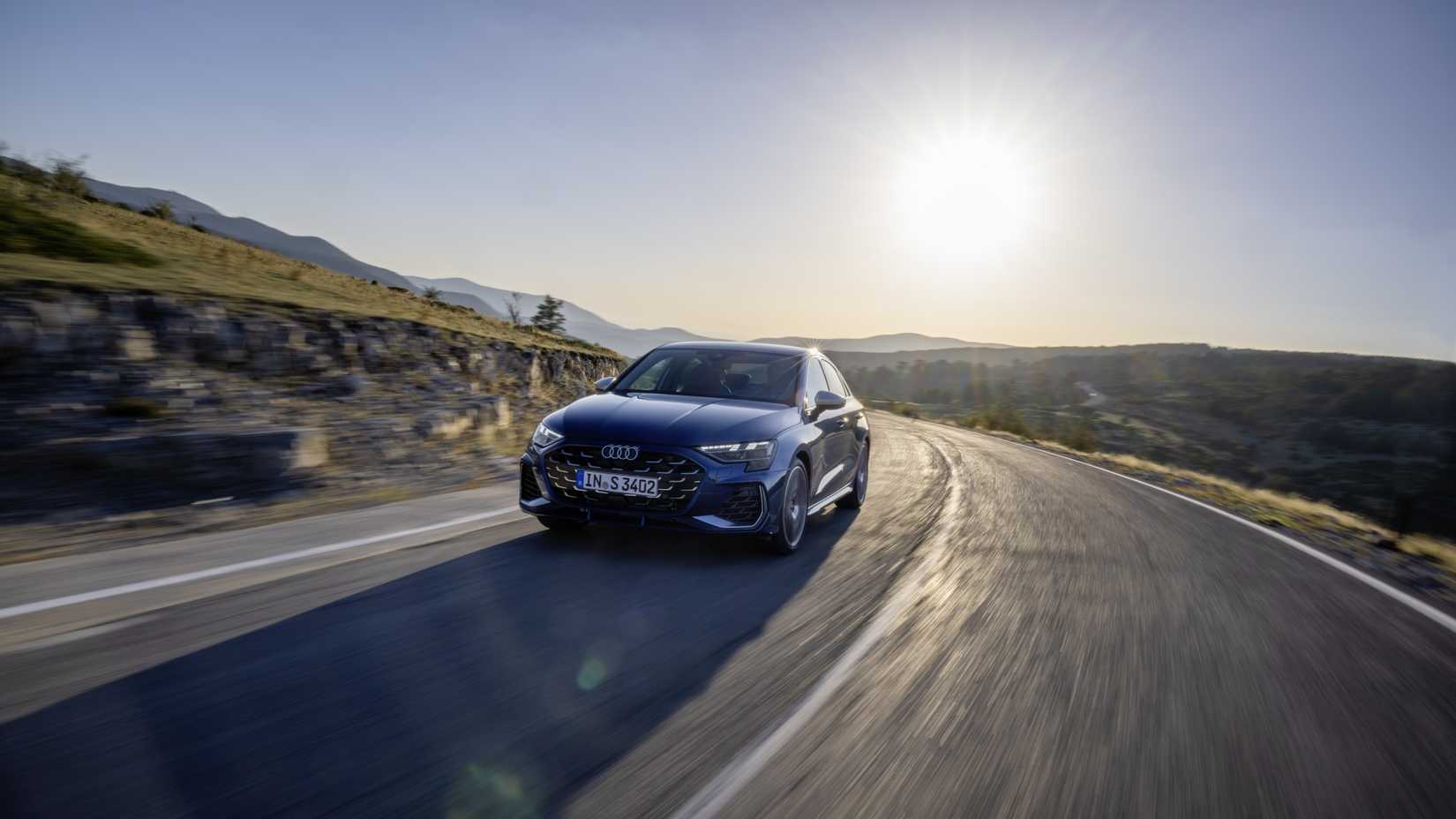 Front 3/4 action shot of a 2025 Audi S3