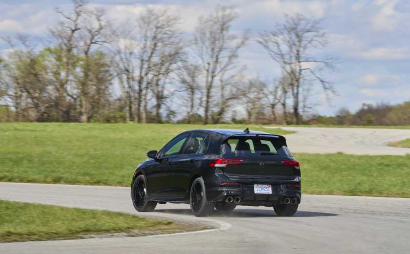 Rear 3/4 action shot of a 2025 Volkswagen Golf R