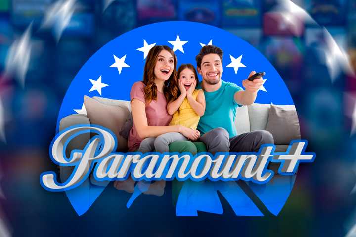 Paramount+ logo with a happy family watching TV.
