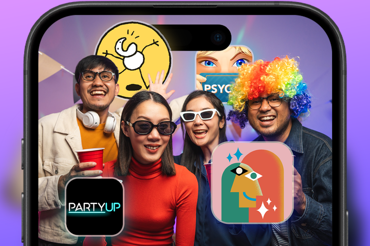 A group of friends at a party, smiling and wearing fun outfits and sunglasses, seen through a smartphone screen with colorful party game app icons overlaid.