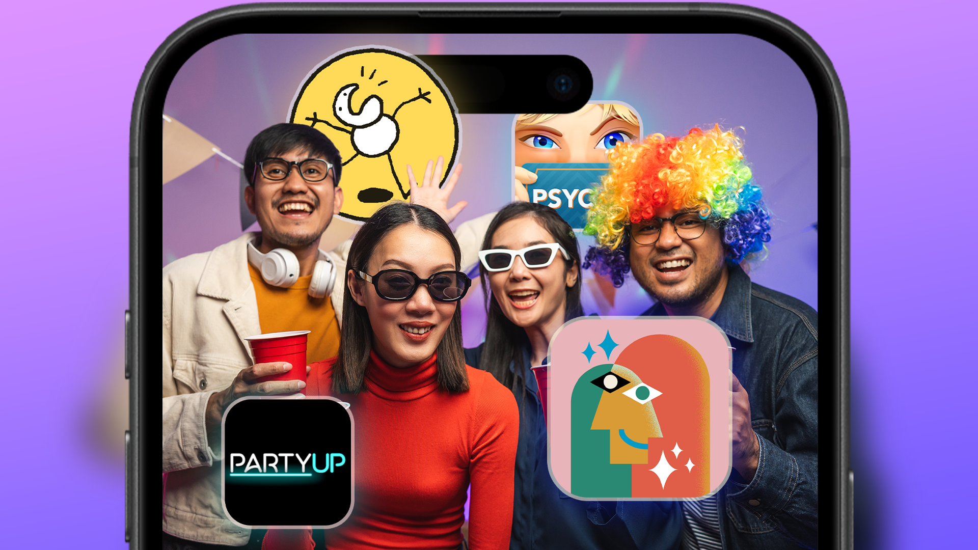 A group of friends at a party, smiling and wearing fun outfits and sunglasses, seen through a smartphone screen with colorful party game app icons overlaid.
