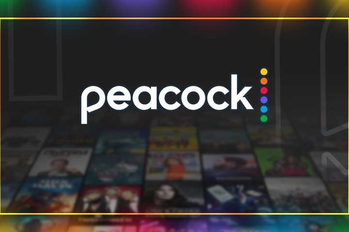 Peacock logo centered with blurred TV shows and movies in the background.