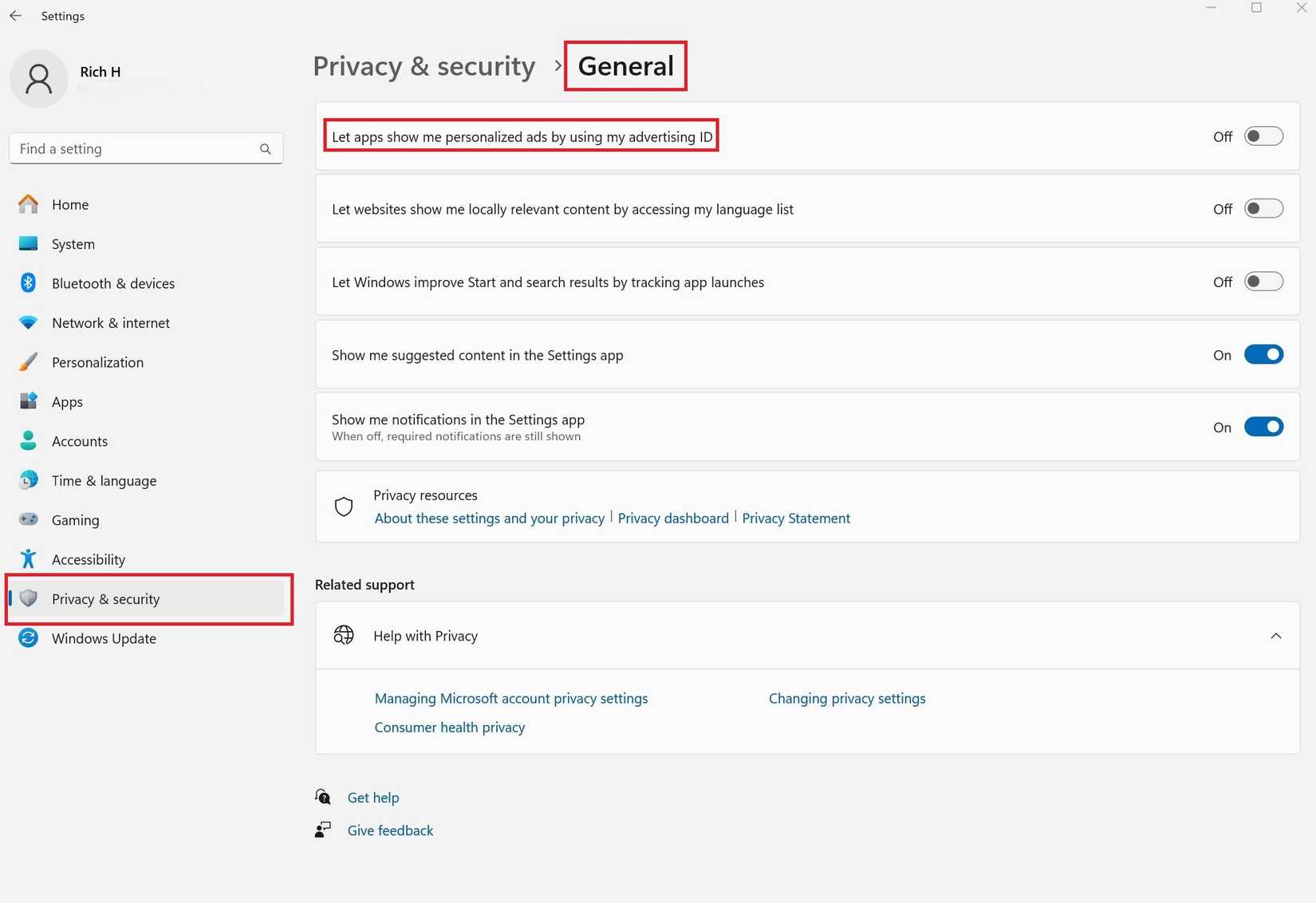 A screenshot of Windows 11 General screen in Privacy & Security.