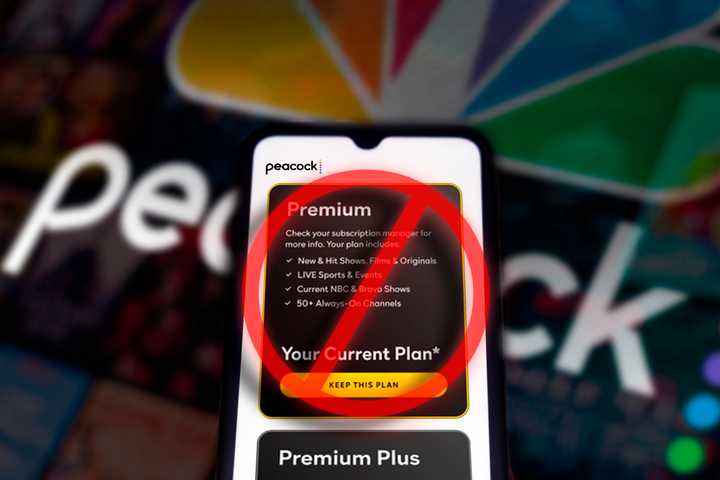 Phone on the Peacock plan change screen with a cancel icon