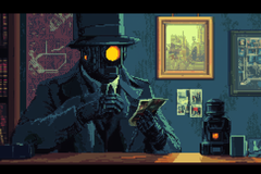 Pixel art of a robot private detective looking at photos.