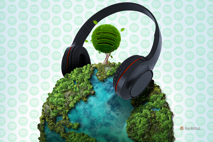 Planet Earth covered with vegetation, a headphone over it, and a tree with the Spotify logo in the center.