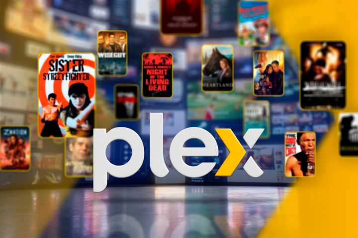 Plex logo surrounded by some movies and several screens in the background.